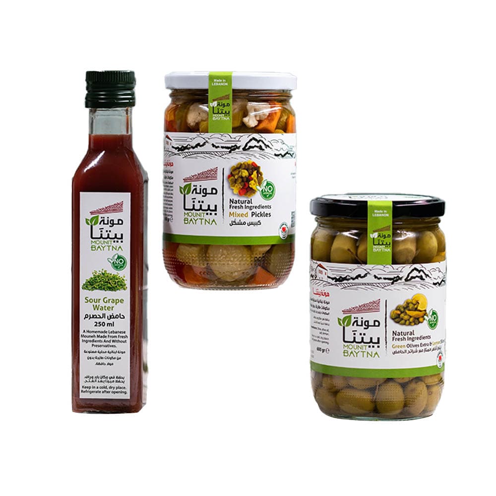 Mounit Baytna - Olives & Lemon Extra - Pack of 2 with Sour Grape Water - Pack of 2 & Pickles - Pack of 2 - Flavour May Vary