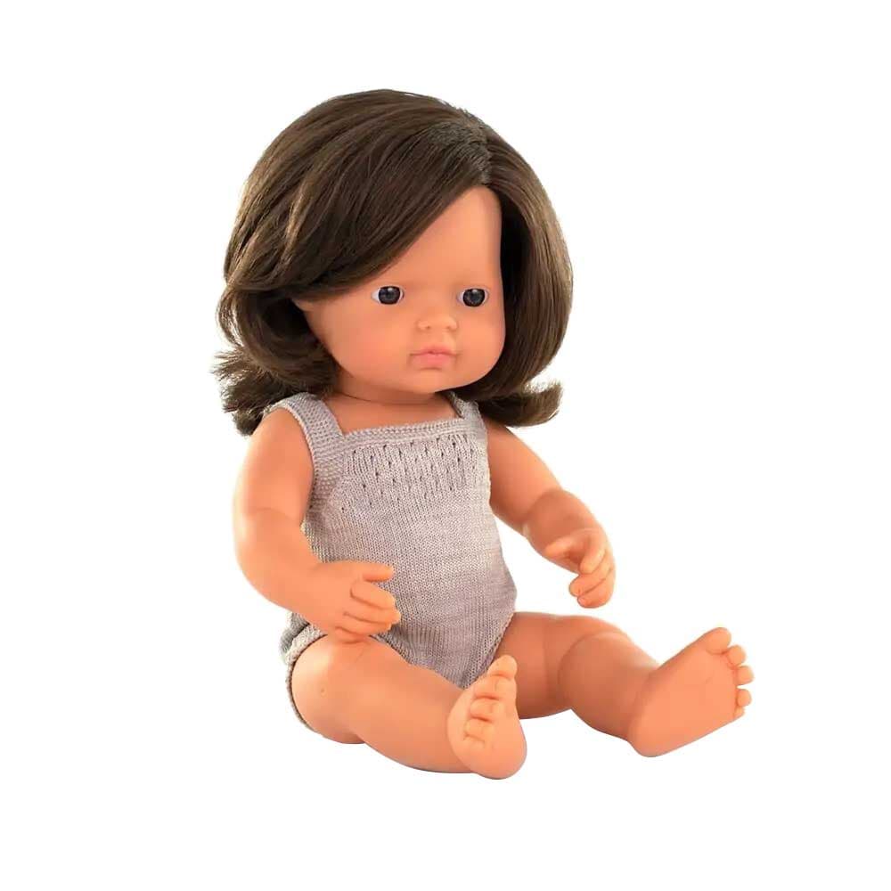 Miniland Baby - Brunette Girl Doll With Grey Romper - 38cm