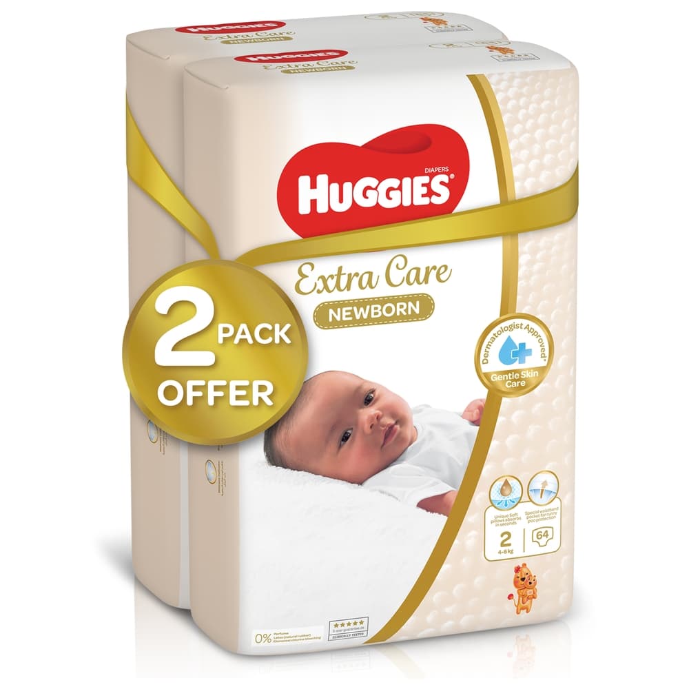 Huggies - Extra Care Newborn, Size 2, 4 - 6 kg, Twin Jumbo Pack, 128 Diapers