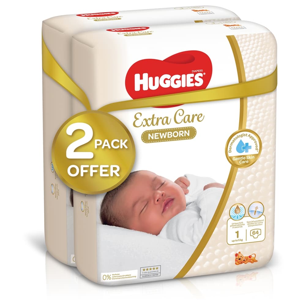 Huggies - Extra Care Newborn, Size 1, Up to 5 kg, Twin Jumbo Pack, 128 Diapers