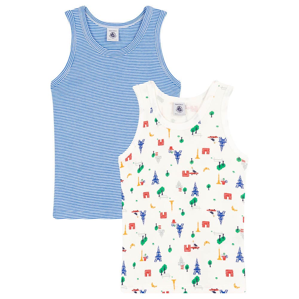 Petit Bateau - 2pc-Set - Boy's Paris Cotton Vests - White/Blue