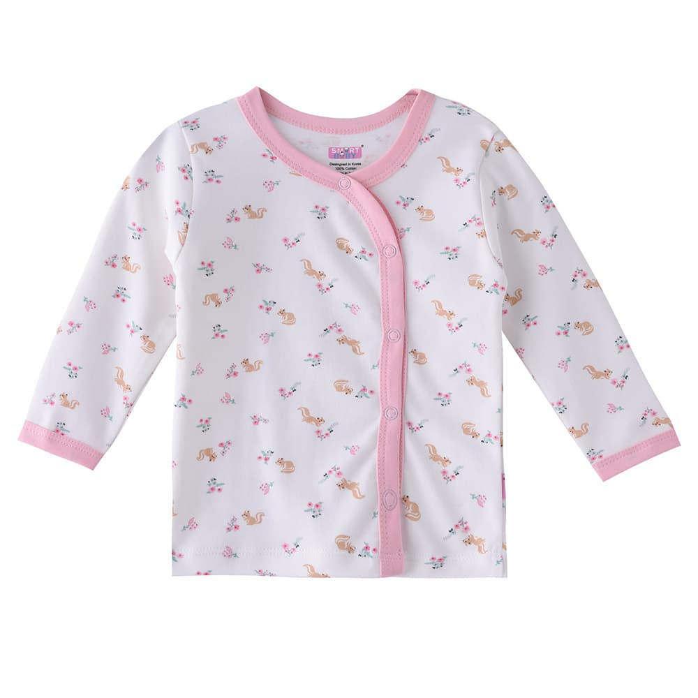 Smart Baby - Baby Girl Printed Long Sleeve Front Open Top - White