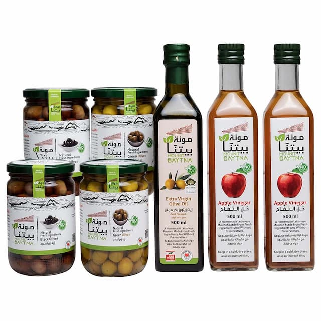 Mounit Baytna - Extra Virgin Olive Oil 500 ml With Apple Cider Vinegar 500 ml - Pack of 2 And Green & Black Olives - 600 g - 4pcs