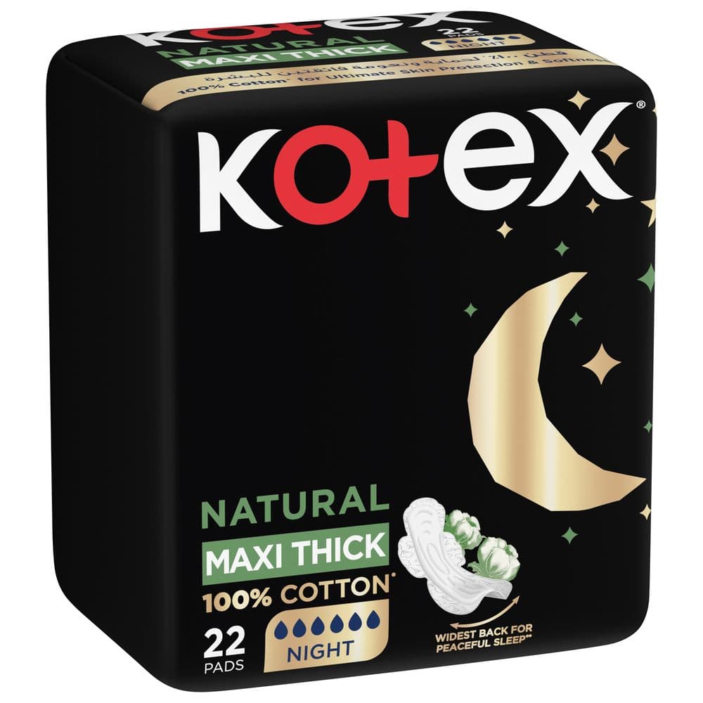 Kotex - Natural Maxi Protect Thick Pads, 100% Cotton Pad, Overnight Protection Sanitary Pads with Wings, 22 Sanitary Pads